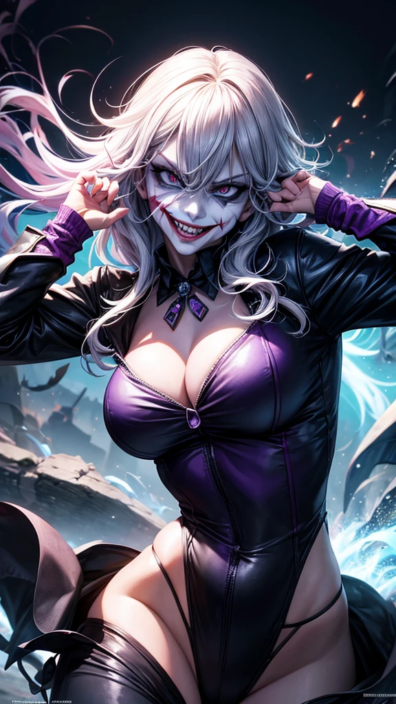 Create a 4K big breasts wallpaper, Joker face athlete body with a scary smile.The scenario should be an epic battle, with explosions and chaos in the background. The Joker should be in the spotlight, with a manic expression and intense eyes. Use vibrant colors and realistic details to capture the intensity of the scene. Add elements of destruction and smoke to increase the drama, postpone impact effect,edionar runes to the sky