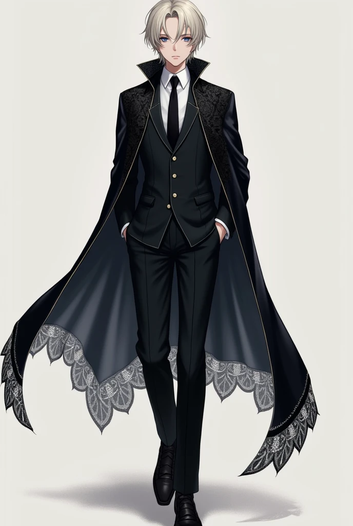 The suit is crafted from expensive fabric and is tailored to fit Ciel's slender form perfectly. The jacket is single-breasted and cut close to the body, emphasizing Criel's elegant frame. The trousers are straight-cut, with sharp creases down the legs, giving him a slender, regal appearance. The cape, made of black lace, drapes over his shoulders and falls loosely around his torso in an elegant waterfall of fabric, the lacework adding a touch of drama and mystery. The outfit is finished off with a crisp, white shirt and a black silk tie.