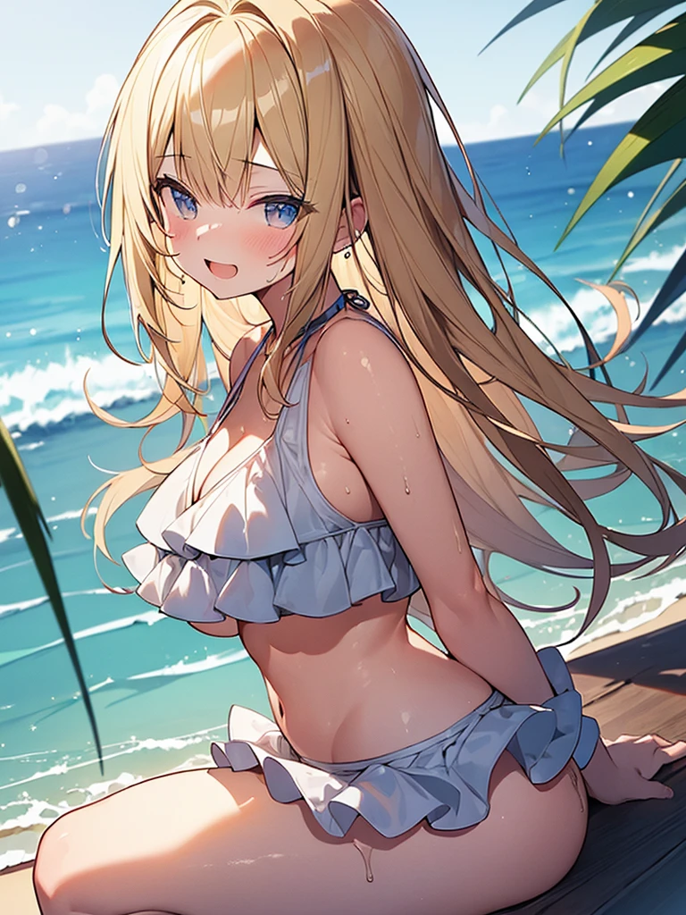 (Masterpiece, Top quality:1.5), nsfw, from side:1.2, (1 beautiful girl, solo:1.2), sitting, (Blonde:1.3), medium Hair, wavy Hair, asymmetry bangs, swept bangs, airy hair, (large breasts:1.2), 14 year old,  (frilled bikini:1.3), smile:1.3, blush, beautiful scene of seaside, magnificent panorama view, blurry background ,open mouth, wet