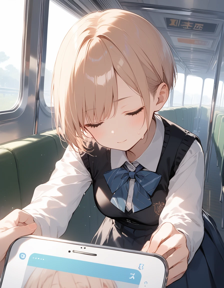 score_9, score_8_up, score_7_up, source_anime, best quality, masterpiece, official art, absurdres, highres, ultra-detailed,waifu2x,Collection: Pixiv 1000,break,1girl, school girl, very short hair, pixie cut, medium breasts, slender, skirt, sweat, sleeping, (disgust:0.3), pov, train, indoors, break,(clear line illustration:1.2), super detailed skin, shiny skin, very high resolution, very aesthetic, Best sexual lighting powered by famous artist, 4k, 8k, 16k, cute picture, beauty illustration,photoshop_(medium),,(Detailed Lighting),best anime 8k konachan wallpaper, pixiv contest winner, 