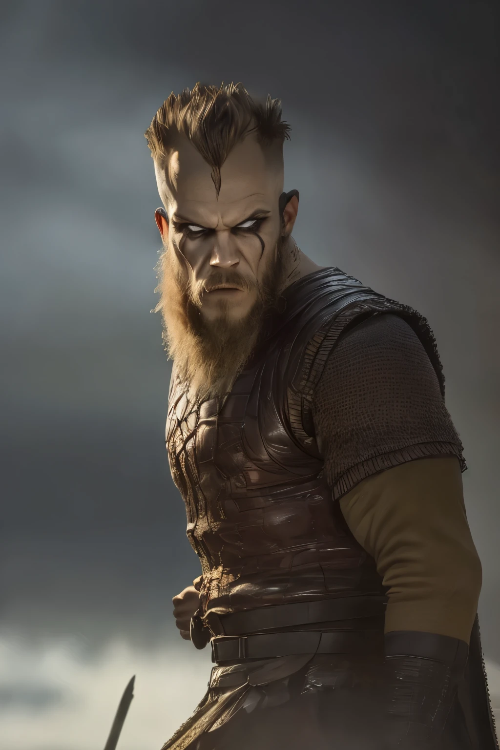 Hyper-realistic cinematic artwork of Floki from the Vikings series , captured in a dynamic pose with the sensation of movement, as if he's emerging from shadows in a dense, misty forest. His intense gaze and intricate facial tattoos are emphasized, reflecting his eccentric and mystical nature. The scene is bathed in a cold, harsh light that contrasts with the dark, ominous surroundings, capturing the grim atmosphere of the Viking era. The image should convey a sense of depth, with a strong focus on three-dimensionality, highlighting Floki's enigmatic and chaotic personality, set against the backdrop of the Norse world. (((Cinematic thunder background))).