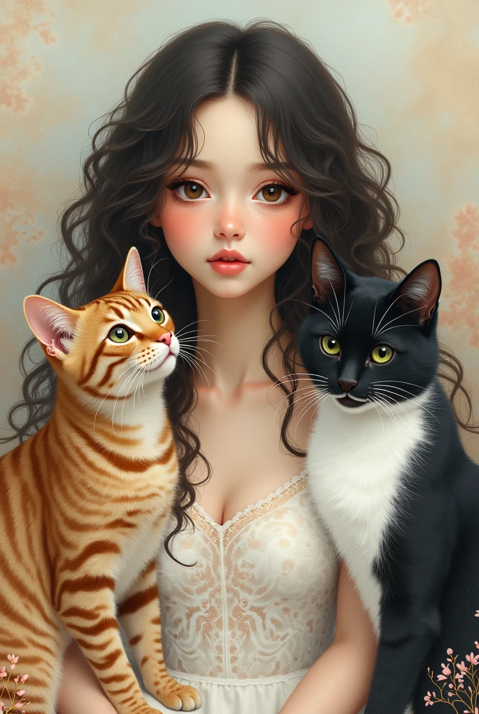 Create a drawing of a white woman with black curly hair with a striped cat and another black and white cat
