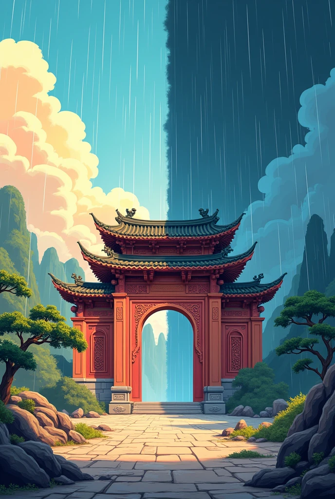 2D cartoon picture of the Leping ancient stage with half sunny and half rainy