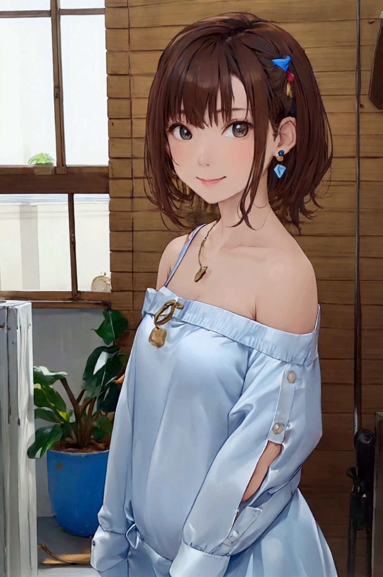 A date with Milia on a sunny Sunday、Milia likes to wear neat and clean clothes.、I like the light blue one piece.、Her hair is light and brown, half up.、The facial features、She is beautiful.。smile、Light-colored lips、Height is 160 cm、I can&#39;t wear necklaces or earrings、A light brown shoulder pouch hangs from the shoulder.
