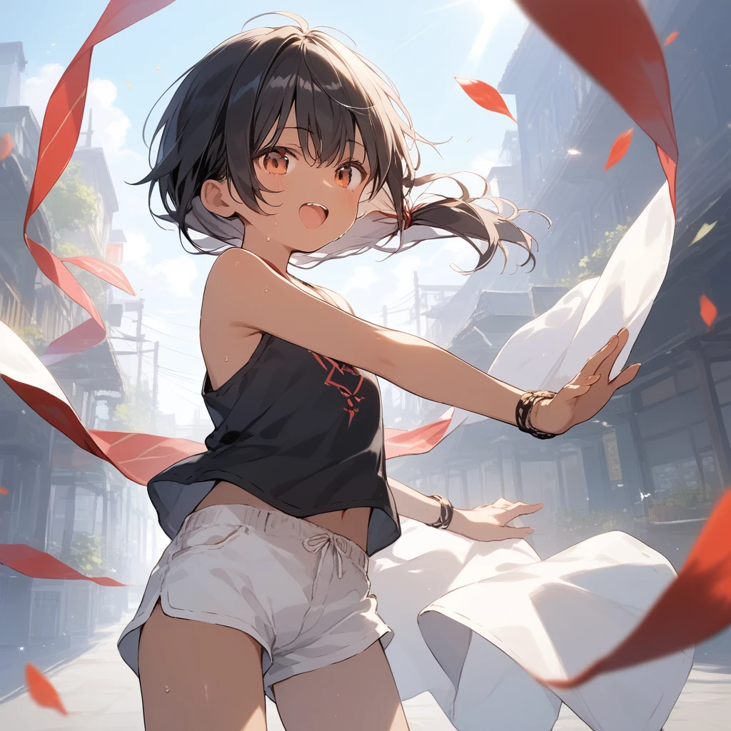 score_9, score_8_up, score_7_up, source_anime, best quality, masterpiece, official art, absurdres, highres, ultra-detailed,waifu2x,Collection: Slice of Life,break,1girl, tomboy, dark-skinned female, short hair, low ponytail, flat chest, beautiful detailed eyes, shorts, sweat, open mouth, (yawn:0.3), sleepily, outdoors, wind, (Detailed Lighting), (Detailed background),break,(clear line illustration:1.2), super detailed skin,very high resolution, very aesthetic, Best sexual lighting powered by famous artist, 8k, 16k, cute picture,beauty illustration,photoshop_(medium),,(Detailed Lighting),best anime 8k konachan wallpaper, pixiv contest winner, ((artist:takeuchi_takashi )),