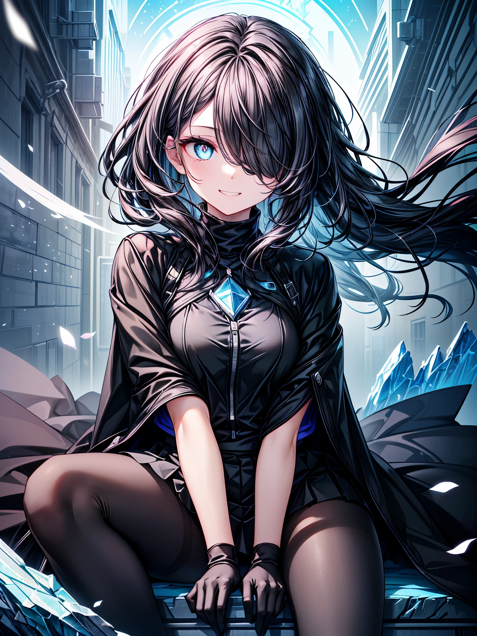 ((Celestial Glacier)),(skirt-lift),((bottom less)),((lie on back, legs up high, spread legs, hold knees, vagina)),((Highest quality)),((black micro mini length skirt)),((alone)),((Deep blue pupils)),((sparkling eyes)),(Beautiful Blue Eyes),((Wearing a black coat)),(((Wearing black tights))),(Slim body),((length, Shiny black hair)),((Her hair is parted, and you can see her eyes through it)),((Wearing black gloves)),((hair over one eye,long hair)),((Complex background)),((Hair blowing in the wind),(grinning)