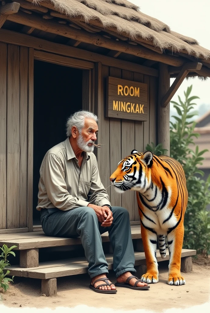 Realistic Miniature Drawing, in the Palm of the Hand. There was a 70 year old man smoking on the terrace of an old hut.. There is a tiger beside him. On the hut there was a sign that said “ROOM MINGKAK” in clear, easy-to-read letters.. Very Realistic Look, Clear Quality. Create images with aspect ratio