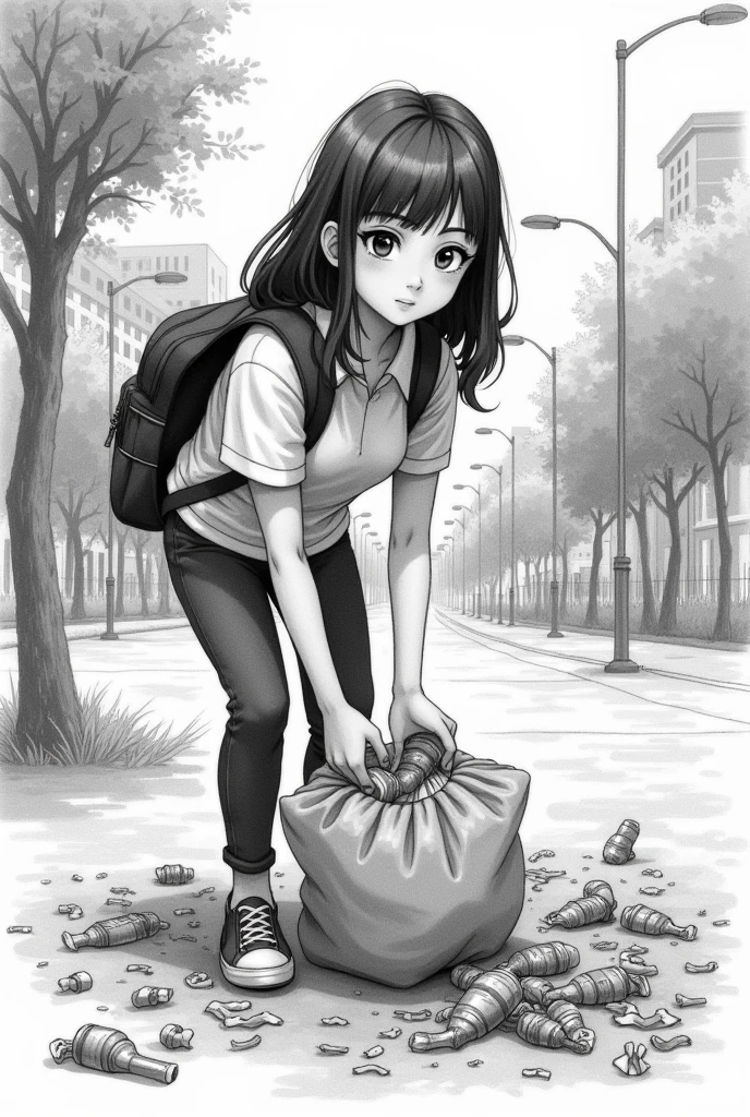 drawing of a female student picking up trash