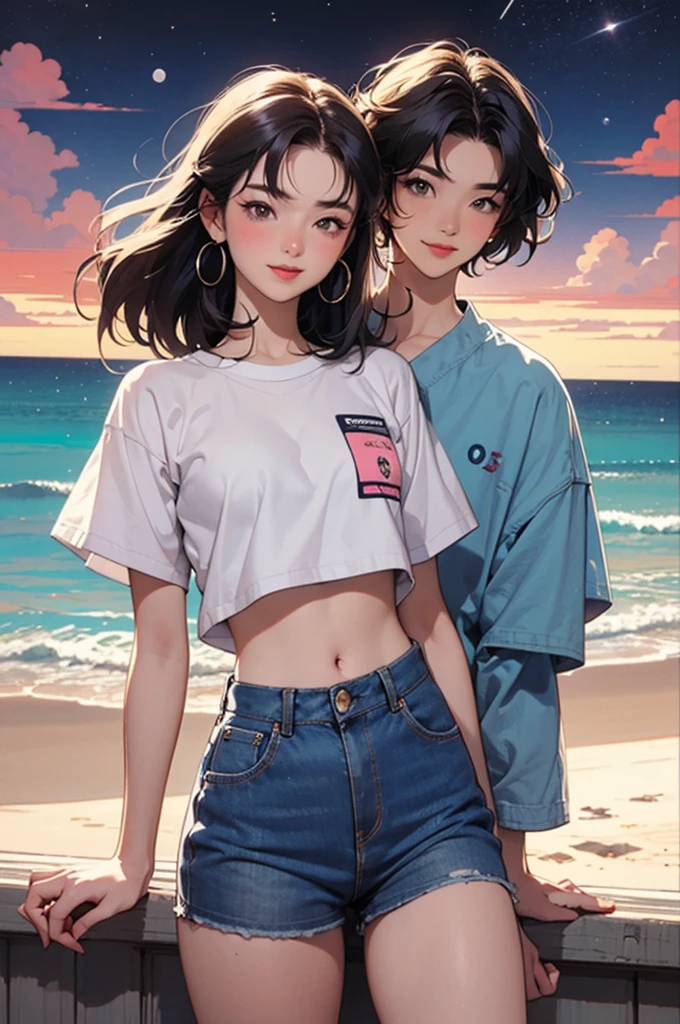 woman, 90's, retro, crop top,graphical design,
Harajuku fashion in the 1990s、Animation illustrations from the 1990s、smile、Looking forward、front、Watching the audience、、Beach、Short sleeve shirt、jeans、Ocean、night