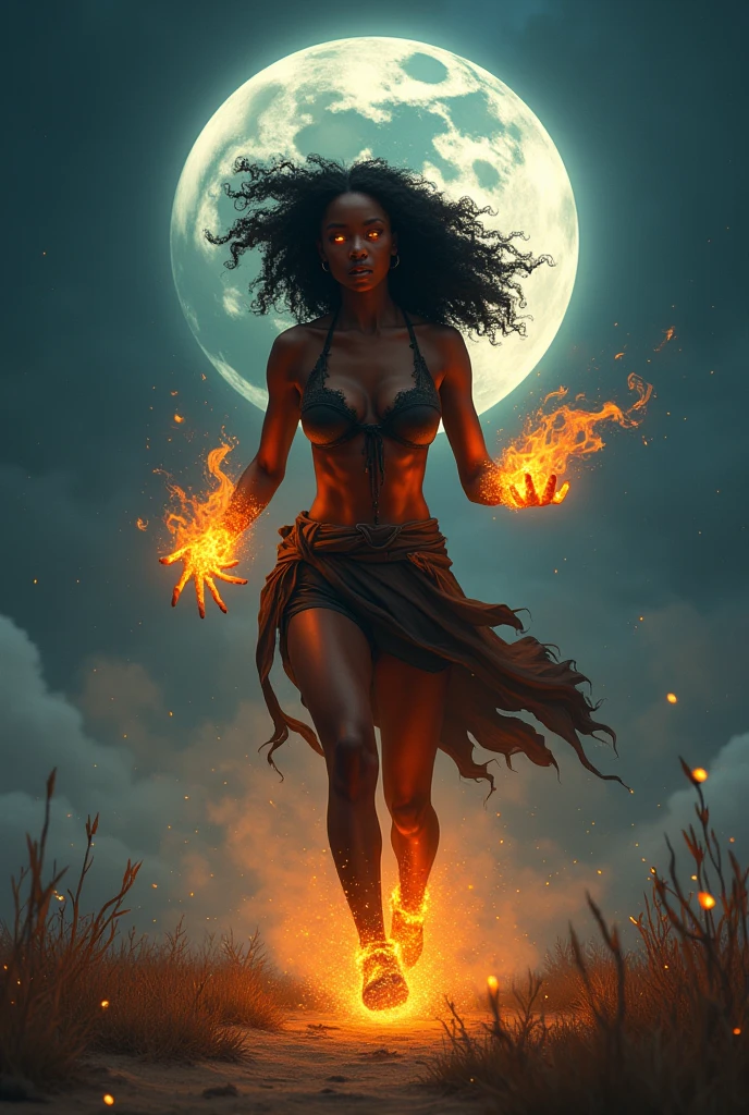 A black woman with her hands and head on fire running on a full moon night 