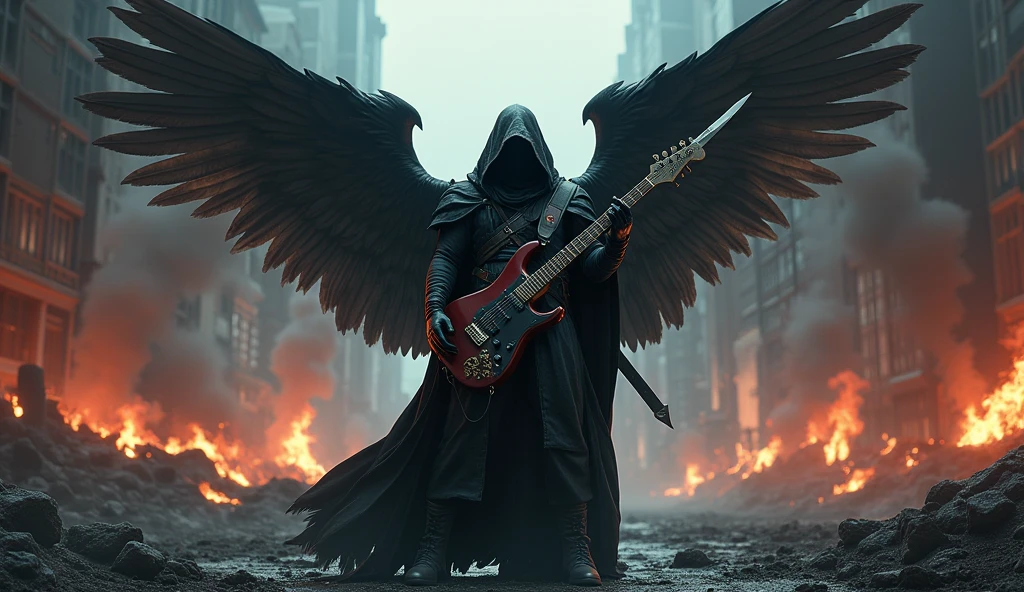 realisitic, 4K, A fallen angel with big wings, a sword, electric guitar in his hand, a hood over the head in the background image of a war in the city at night (haos)
