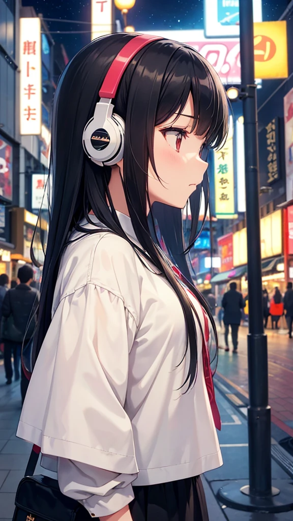 Traveling around Dotonbori in Osaka。A young girl with black hair wearing stylish clothes and headphones labeled "lo-fi" The girl is shown in profile, gazing into the distance with a calm, relaxed expression Background depicts the iconic scenery of Namba, Osaka at night, without any text on signs A starry night sky adding to the peaceful atmosphere Overall mood is quiet and serene, perfect for lo-fi music Detailed hair rendering and careful attention to the girl's fashionable outfit The entire scene should evoke a relaxing, introspective feeling associated with lo-fi music