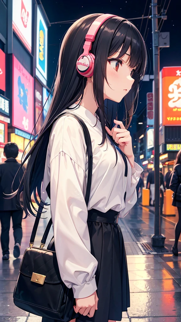 Traveling around Dotonbori in Osaka。A young girl with black hair wearing stylish clothes and headphones labeled "lo-fi" The girl is shown in profile, gazing into the distance with a calm, relaxed expression Background depicts the iconic scenery of Namba, Osaka at night, without any text on signs A starry night sky adding to the peaceful atmosphere Overall mood is quiet and serene, perfect for lo-fi music Detailed hair rendering and careful attention to the girl's fashionable outfit The entire scene should evoke a relaxing, introspective feeling associated with lo-fi music