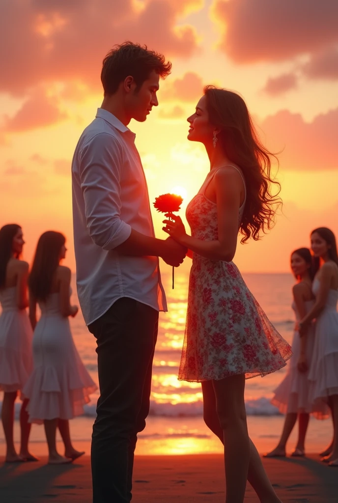 A beautiful couple stand the front of sea with the time is sunset the doy promising his girlfriend the girls wearing a shart frock with the boy wearing a pent cort with light brown hair with a red rose with a many danssars sounding dasing