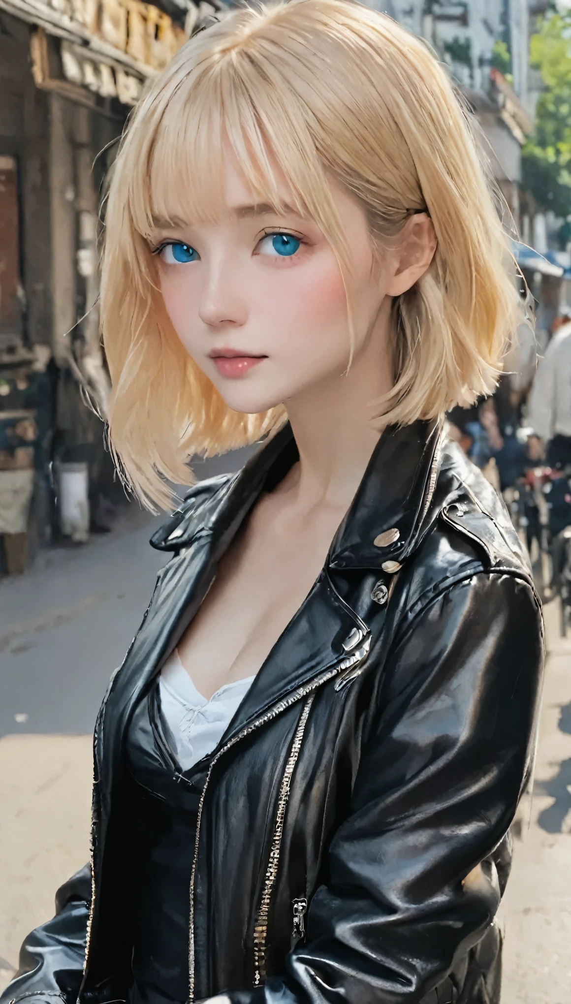 Highest quality、masterpiece、(((Black leather jacket:1.37、Black leather jacket、Black jacket)))、break、angle above the knee、Beautiful and fair、Glowing Skin, 3 Up, Nice, bright, Refreshing and gentle look, Perfect beautiful face、Blonde Short Hair，Beautiful shiny bangs, Very beautiful girl, eyeliner, so perfect and beautiful、Sky blue eyes，Small breasts，The original skin is visible through the grooves、break、(((White Latex Bra:1.37、タイトなWhite bra、White bra)))，break、(((American Bike、Harley-Davidsonのモーターサイクル)))、nice、Dim lighting、Black Wall、Spotlight