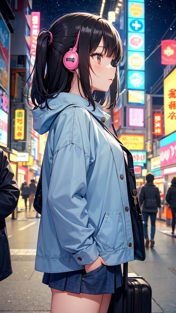 Traveling around Dotonbori in Osaka。A young girl with black hair wearing stylish clothes and headphones labeled "lo-fi" The girl is shown in profile, gazing into the distance with a calm, relaxed expression Background depicts the iconic scenery of Namba, Osaka at night, without any text on signs A starry night sky adding to the peaceful atmosphere Overall mood is quiet and serene, perfect for lo-fi music Detailed hair rendering and careful attention to the girl's fashionable outfit The entire scene should evoke a relaxing, introspective feeling associated with lo-fi music