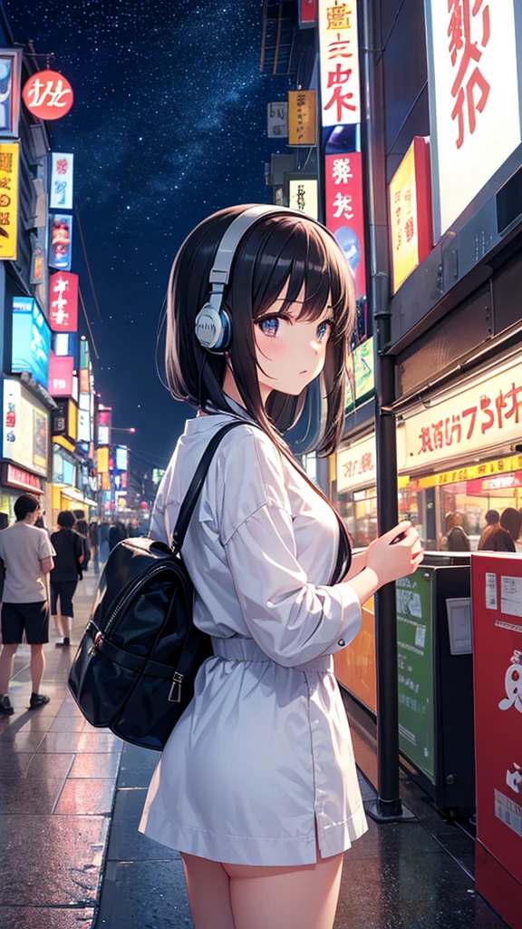 Traveling around Dotonbori in Osaka。A young girl with black hair wearing stylish clothes and headphones labeled "lo-fi" The girl is shown in profile, gazing into the distance with a calm, relaxed expression Background depicts the iconic scenery of Namba, Osaka at night, without any text on signs A starry night sky adding to the peaceful atmosphere Overall mood is quiet and serene, perfect for lo-fi music Detailed hair rendering and careful attention to the girl's fashionable outfit The entire scene should evoke a relaxing, introspective feeling associated with lo-fi music