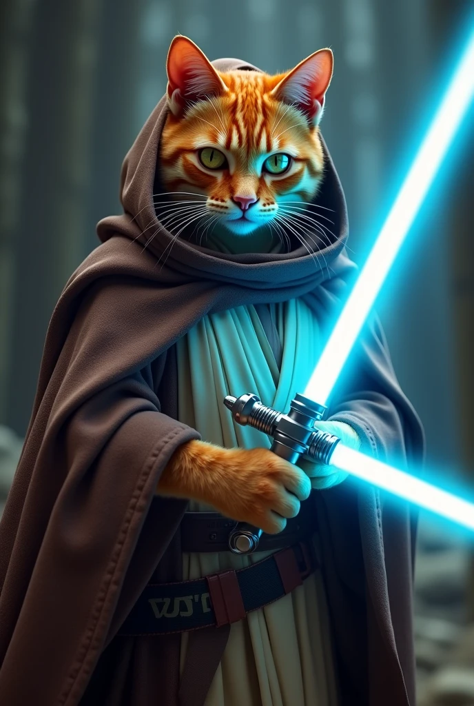 An orange cat wearing brown Jedi Master robe and hood,wielding a cyan lightsaber.dramatic,4k hyper realistic