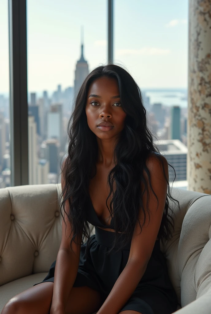 hyper realistic portrait of skai Jackson, 19 years old, with long flowing black hair and brown eyes. She should have a natural, approachable expression and be lit by soft, real light, canon eos r5, raw format, sitting on a modern sofa in a modern marble mansion, background is a detailed and luxurious living room, full body, panoramic window view of the New York skyline, wearing acne studios