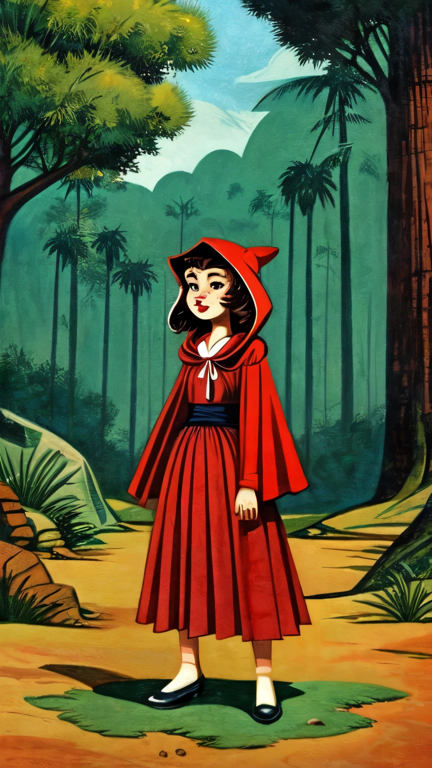 illustration little red riding hood, mid century style, animated gifs, junglepunk, prehistoric art, vintage cut and paste, children's book illustrations, colorful animation