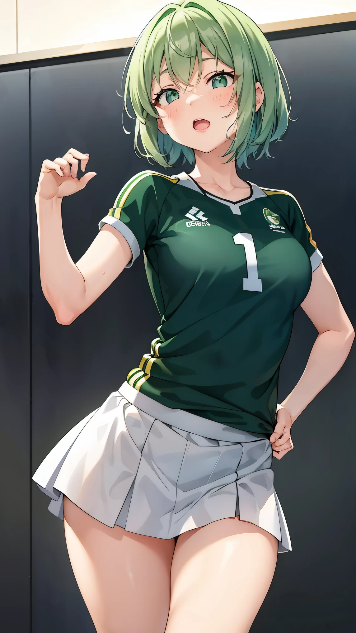 Short green hair, Small size breasts,、Green Eyes, 、,Full body photo from head to toe、Volleyball Player、Volleyball Uniforms、、Uplifting、Leaning forward、、receive、Dive to pick up the ball、Desperate、Sweat、Uplifting、A moving picture、