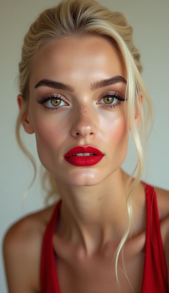 Red make-up, red lipstick, slicked back Blond hair, Detailed Face, Detailed Lips, Detailed Eyes,