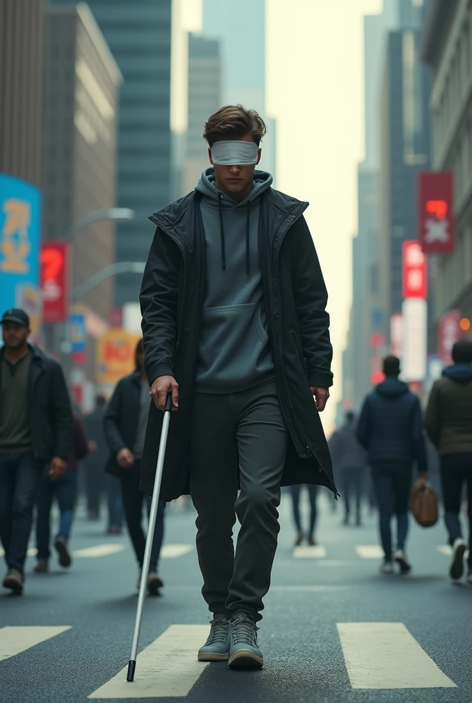 A blind young man walking with a cane in the middle of the city