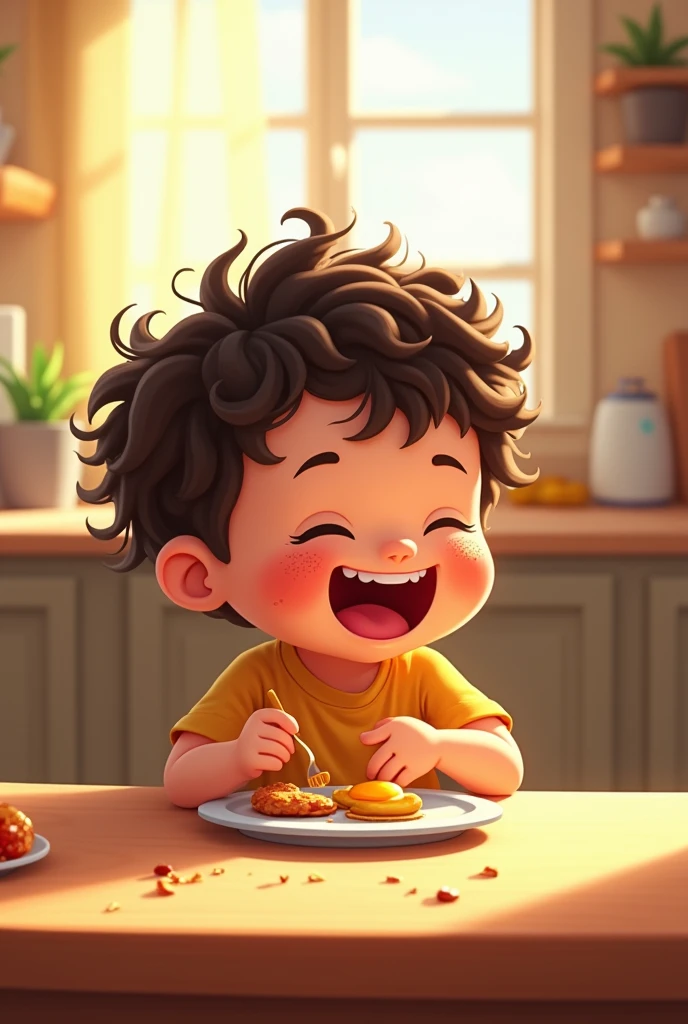 Create an animated image showing a three-year-old boy with dark brown curly hair eating breakfast.

