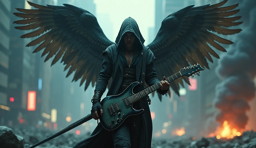realisitic, 4K, A fallen angel with big wings in cyberpunk outfit, a sword, electric guitar in his hand, a hood over the head in the background image of a war in the city at night (haos)
