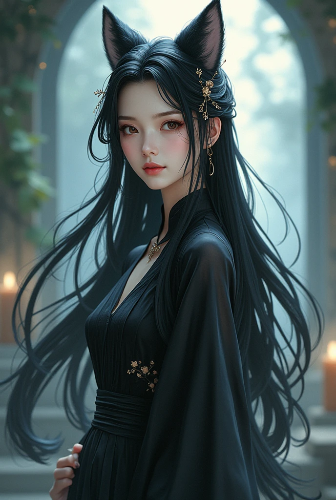 Ultra-high resolution, Clear face, (Reality: 1.4), perfect lighting,(photorealistic), anime wallpaper, Guviz style artwork, fantasy to magic cover, beautiful artwork illustration, beautiful digital artwork, beautiful digital illustration , beautiful portraits, illustrations, delicate and beautiful, highly detailed, fine details, official art, highly detailed unity 8k CG wallpapers, highly detailed, high resolution, highly detailed, highly detailed eyes and faces, beautifully detailed eyes, cinematic lighting,1girl, solo, long hair, black hair, hair ornament, Chinese dress, black dress, cheongsam ,absudres, standing, (full body:1.3), (looking at viwer:1.3), (Nine-tailed fox tail:1.5), (anime style:1.3),