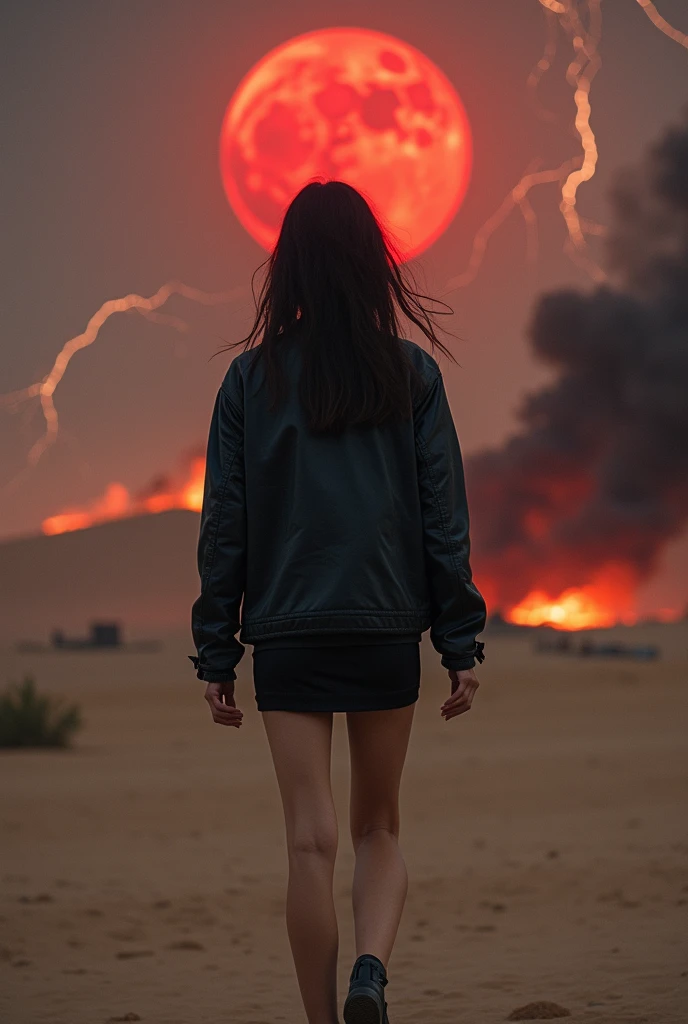 (RAW photo, realistic photo, high quality, masterpiece), girl is walking on the desert with black leather jacket on her bare body, ruin and building burning in background, red moon in the sky, lightning and flashing 