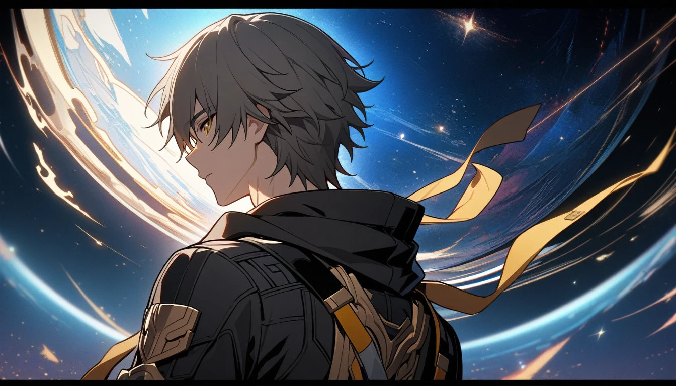 1boy, male focus, caelus, trailblazer, honkai star rail, masterpiece, best quality, close up, back turned, looking over shoulder, cosmic night, fantasy, stars, absurdres, epic composition, centered, masterpiece, clean lineart, clean anime outlines, best quality, high quality, high details, super detail, anatomically correct, best quality, ultra-detailed, dynamic lighting, HD,