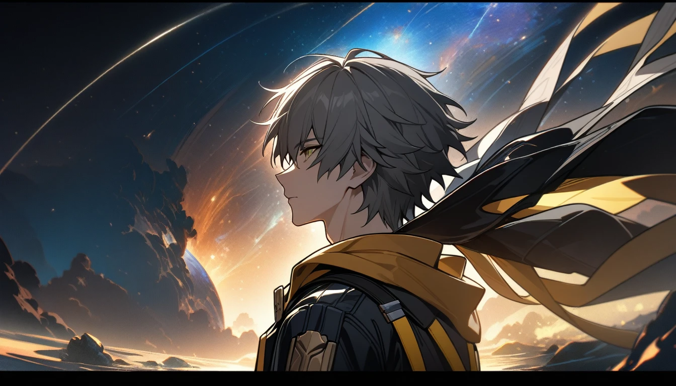 1boy, male focus, caelus, trailblazer, honkai star rail, masterpiece, best quality, close up, back turned, looking over shoulder, cosmic night, fantasy, stars, absurdres, epic composition, centered, masterpiece, clean lineart, clean anime outlines, best quality, high quality, high details, super detail, anatomically correct, best quality, ultra-detailed, dynamic lighting, HD,