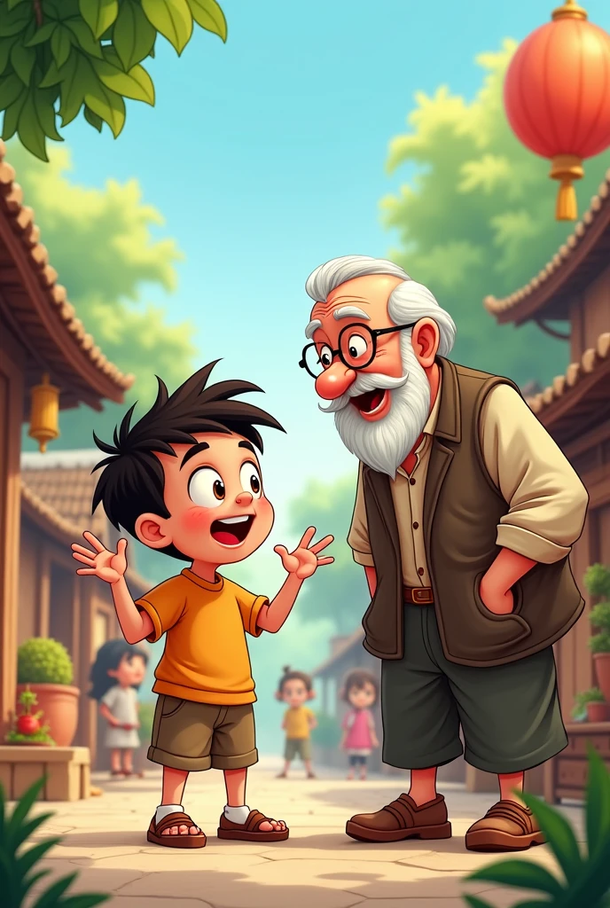 Cartoon character young boy is saying something proudly to a old man in village