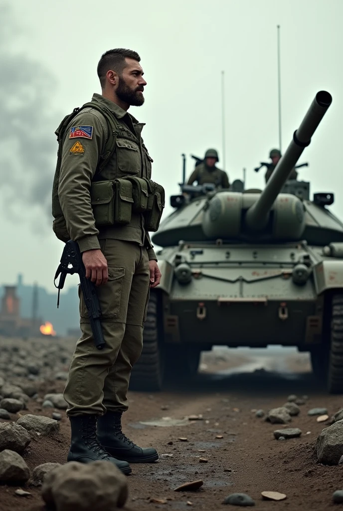 A male soldier during the war and a tank next to him during the war.