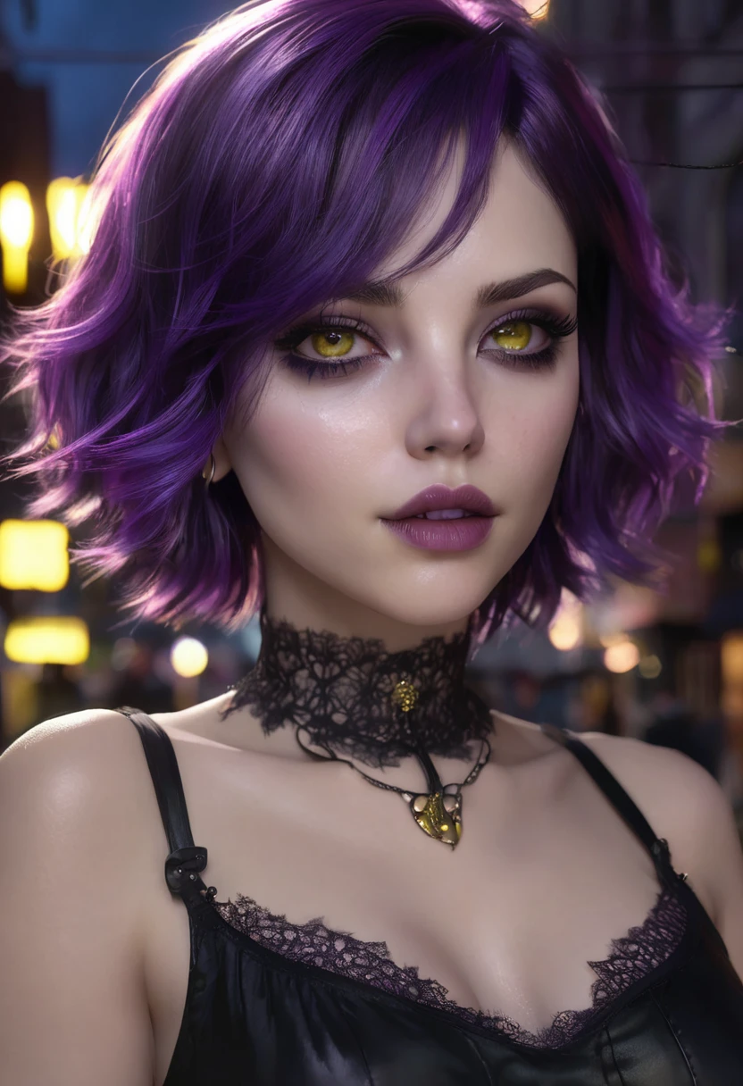 1 woman, inside a city at night, wearing a black gothic blouse, feminine yellowish brown eyes, detailed fair skin, large breasts, ear piercing, short purple hair, short straight purple hair, dramatic lighting, cinematic composition, mouth piercing, dark palette, dark colors, atmospheric haze, thin chin, soft face, serious face, beautiful woman, adult woman, ultra realistic, adult woman (best quality, 4K, 8K, high resolution, art: 1.2), ultra detailed (realistic, photorealistic, photorealistic: 1.37)