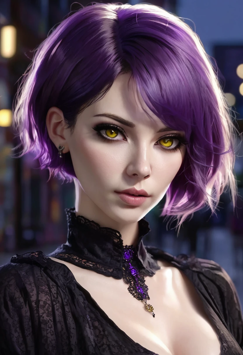 1 woman, inside a city at night, wearing a black gothic blouse, feminine yellowish brown eyes, detailed fair skin, large breasts, ear piercing, short purple hair, short straight purple hair, dramatic lighting, cinematic composition, mouth piercing, dark palette, dark colors, atmospheric haze, thin chin, soft face, serious face, beautiful woman, adult woman, ultra realistic, adult woman (best quality, 4K, 8K, high resolution, art: 1.2), ultra detailed (realistic, photorealistic, photorealistic: 1.37)