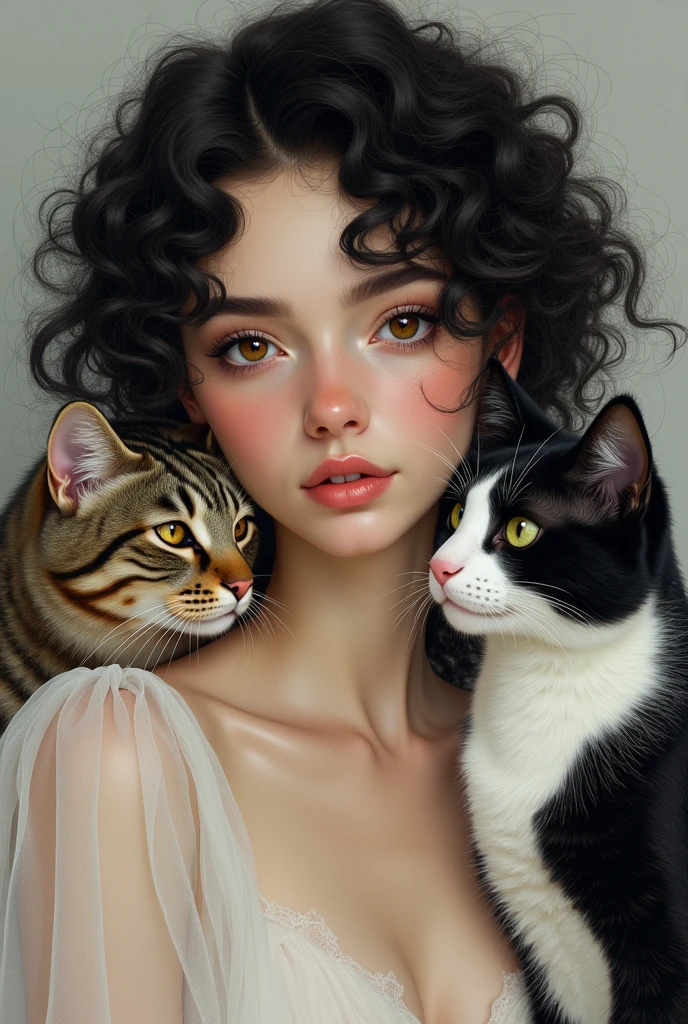 Create a drawing of a white woman with black curly hair with a striped cat and another black and white cat
