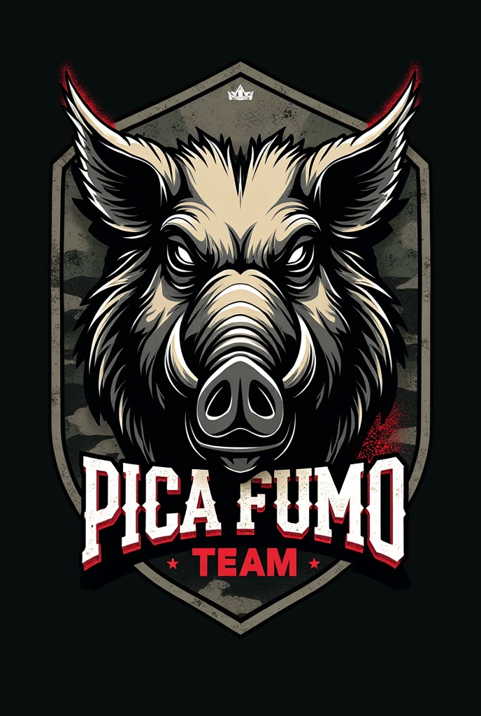 CREATE A LOGO WITH WRITING " PICA FUMO TEAM"
 AND THE FACE OF A BOAR , MORE SCARY , SKULL SHAPE, MAKE A MILITARY TEMPLATE SHIRT WITH THIS LOGO






