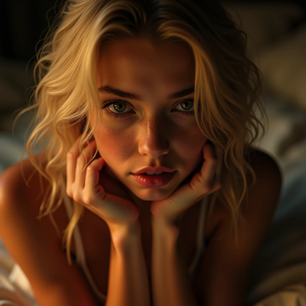 a beautiful girl, naked, lying on a bed, sensual pose, detailed skin and body, beautiful face, detailed eyes, detailed lips, detailed nose, long eyelashes, glowing skin, soft lighting, romantic mood, chiaroscuro lighting, cinematic lighting, intricate details, hyper-realistic, photorealistic, 8k, masterpiece