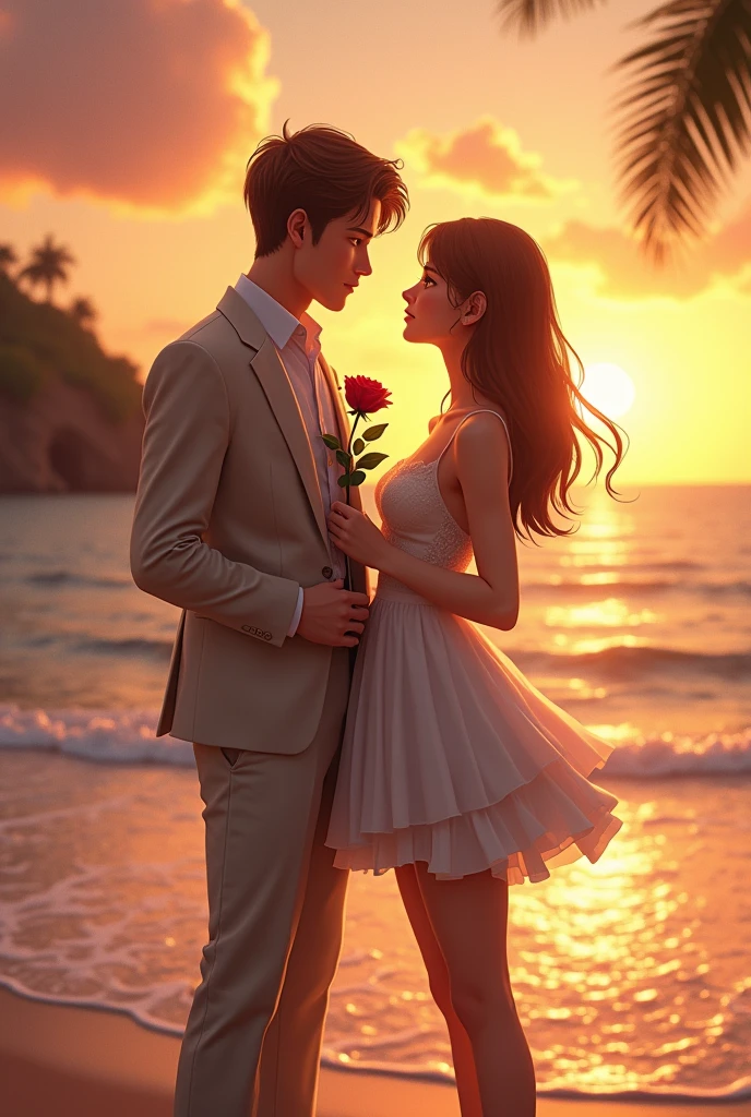 A beautiful couple stand the front of sea with the time is sunset the doy promising his girlfriend the girls wearing a shart frock with the boy wearing a pent cort with light brown hair with a red rose with a many danssars sounding dasing in a beautiful stage
