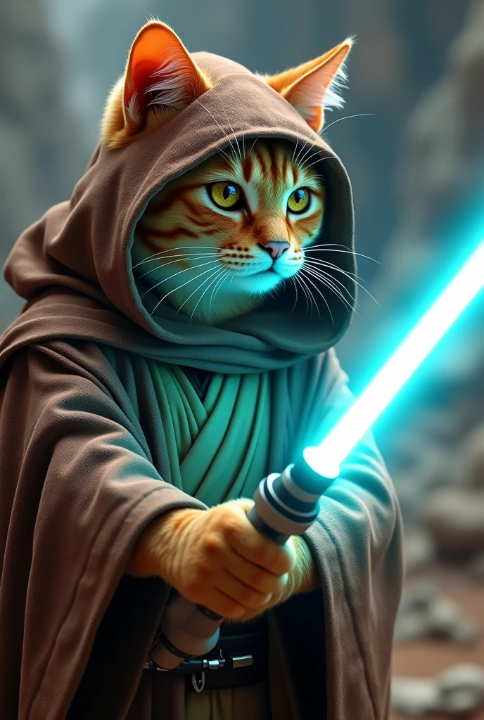 An orange cat wearing brown Jedi Master robe and hood,wielding a cyan lightsaber.dramatic,4k hyper realistic