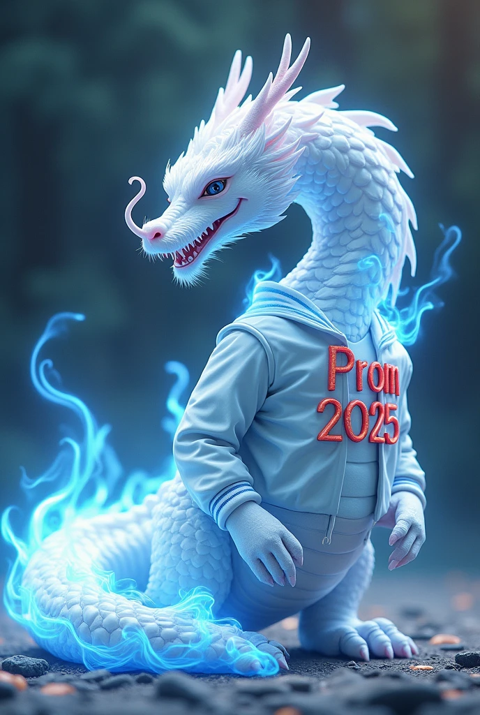 Chinese white dragon with blue flames on a jacket that says prom 2025