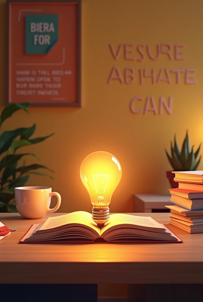 "A friendly, welcoming scene with an open notebook, a glowing light bulb symbolizing ideas, and a stack of business documents. The setting is an organized workspace with a coffee cup and motivational quotes on the wall. The colors are warm and inviting, emphasizing creativity and business planning."