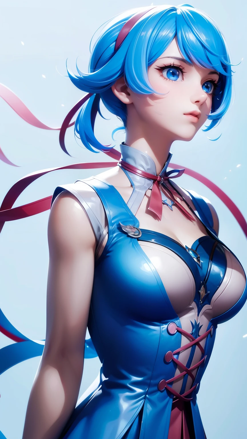 masterpiece, best quality, highres, serena (pokemon), short hair, blue eyes, 1girl, solo, blue ribbon, eyelashes, neck ribbon, sleeveless, bangs, collarbone, bare arms, pink dress , red coat, white background, front, no scenery, looking at the viewer,upper body, facing viewer, solid color background, clean background, facing the camera, high resolution, expressionless calm face, white back ground, looking away, simple_background