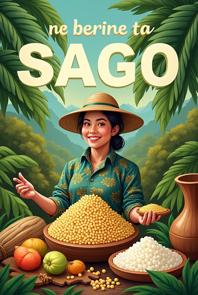 making posters to promote local Indonesian food products, namely sago, and write the caption like this "Sago, a healthy and eco-friendly alternative to rice. Switch to this native Indonesian staple!"