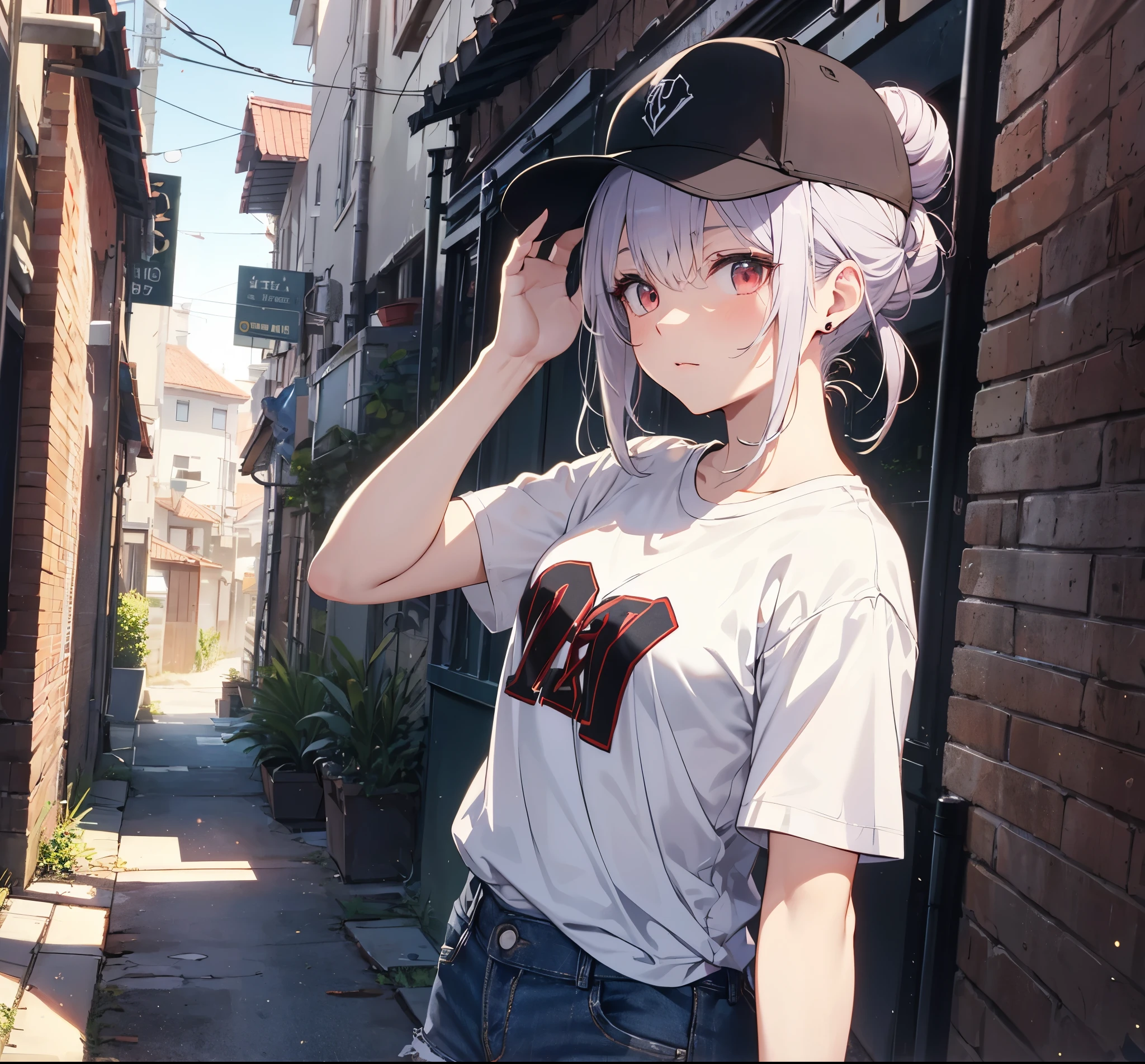 (Close-up:1.3),Realistic,Highest quality, Super detailed, High-quality CG rendering, The most delicate and beautiful, Floating softly, High resolution, (1 person), (Highest quality,4K,8k,masterpiece:1.2), Light purple hair,(Hair in a bun:1.5),Red eyes,(Black short sleeve T-shirt:1.3),(Pure white skinny jeans:1.3),(Pure white baseball cap:1.3),In the city,old buildings,Narrow Alley