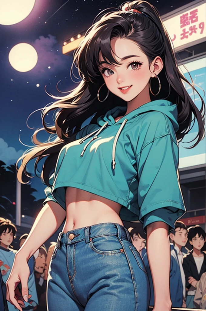 woman, 90's, retro, crop top,graphical design,
Harajuku fashion in the 1990s、Animation illustrations from the 1990s、smile、Looking forward、front、Watching the audience、、hoodie、jeans、Ocean、night、