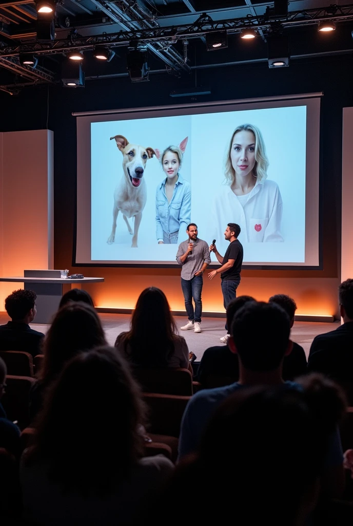 a stage where instragram memes are presented on screen, an interviewer questioning an interviewee, both are standing and an audience watching, make it casual