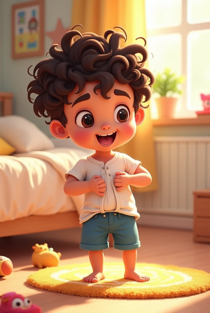 Create an animated image showing a three-year-old boy with dark brown curly hair dressing himself.

